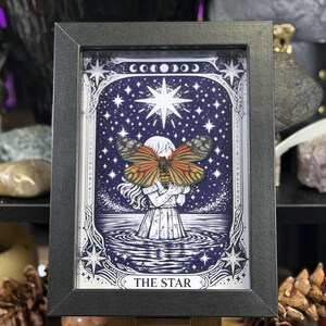May include: Framed artwork featuring a detailed illustration of a figure holding a butterfly with orange and black wings, set against a starry night sky. The artwork is labeled "THE STAR" and is framed in a black frame.