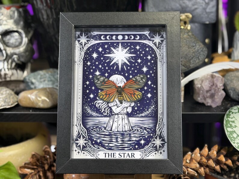 May include: Framed artwork featuring a detailed illustration of a figure holding a butterfly with orange and black wings, set against a starry night sky. The artwork is labeled "THE STAR" and is framed in a black frame.