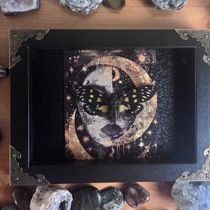 May include: Black framed art print featuring a moth with yellow and black markings, set against a celestial background of a moon and stars. The frame has decorative gold corner accents. The artwork is surrounded by decorative stones.