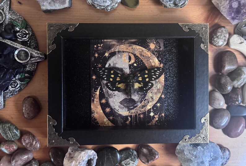 May include: Black framed art print featuring a moth with yellow and black markings, set against a celestial background of a moon and stars. The frame has decorative gold corner accents. The artwork is surrounded by decorative stones.