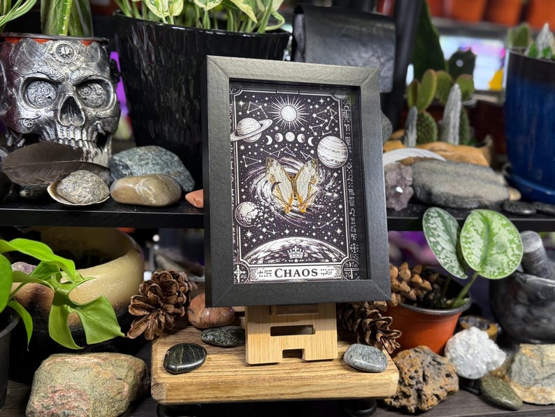 May include: A framed black and white print depicting planets, moon phases, and a butterfly design. The word "CHAOS" is at the bottom. The print is displayed on a small wooden easel, surrounded by plants and decorative items.