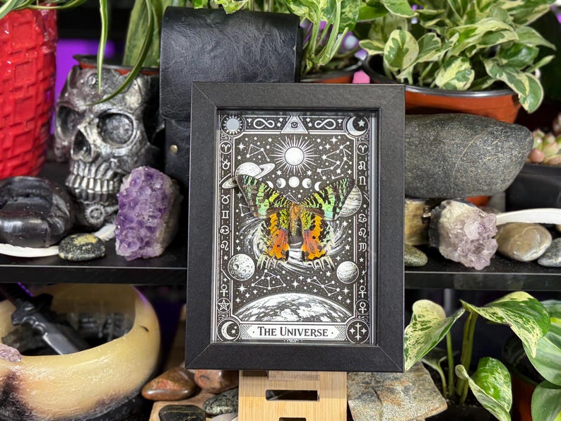 May include: A framed black and white print of "The Universe" tarot card. The artwork features a butterfly with colorful wings, celestial bodies, and the card's title. The frame is displayed on a wooden stand, surrounded by plants and crystals.