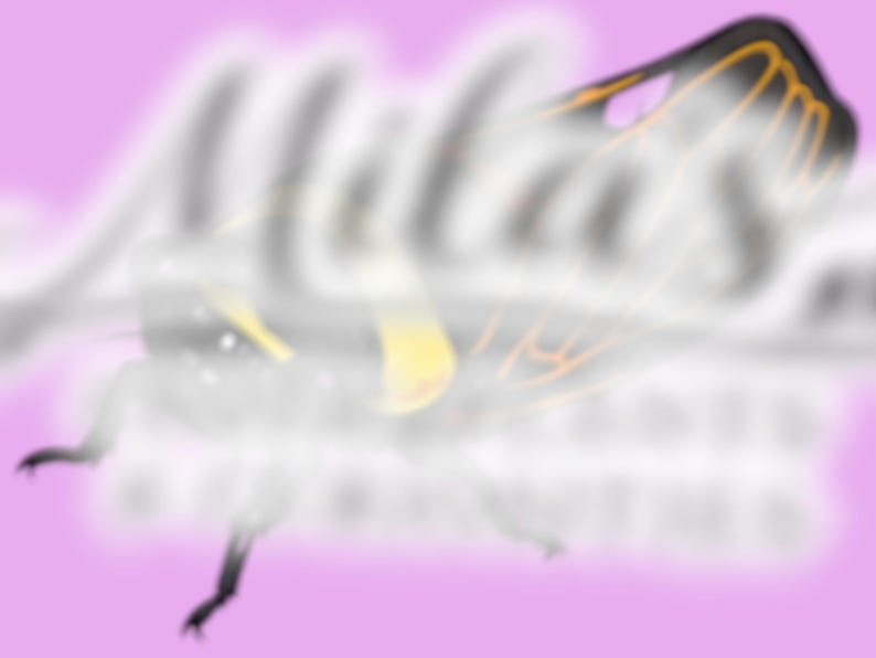 May include: A digital illustration of a butterfly with black and yellow wings, set against a pink and white blurred background. The butterfly has a yellow body and is in flight. The text "Mila's" is blurred in the background.