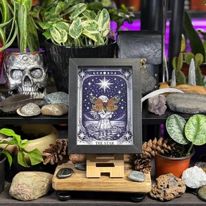 May include: A framed print of "The Star" tarot card, featuring a celestial design with a central star and a figure. The artwork is in a black frame and displayed on a wooden easel, surrounded by plants and decorative stones.
