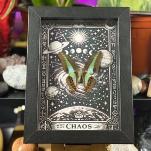 K&ouml;nnte beinhalten: Gerahmtes Kunstwerk mit einem Schmetterling mit teal- und braunfarbenen Fl&uuml;geln, vor einem schwarz-wei&szlig;en Himmelsgrund. Das Kunstwerk zeigt Planeten, Monde und das Wort "CHAOS". Der Rahmen ist schwarz.