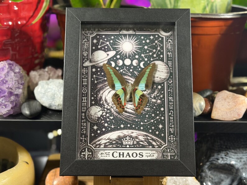 K&ouml;nnte beinhalten: Gerahmtes Kunstwerk mit einem Schmetterling mit teal- und braunfarbenen Fl&uuml;geln, vor einem schwarz-wei&szlig;en Himmelsgrund. Das Kunstwerk zeigt Planeten, Monde und das Wort "CHAOS". Der Rahmen ist schwarz.