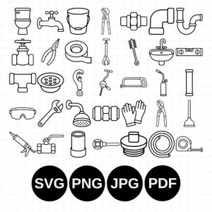 May include: A collection of black and white line art icons representing plumbing tools and fixtures, including a toilet, faucet, bucket, pliers, pipes, sink, level, wrench, shower head, gloves, plunger, and tape measure, with SVG, PNG, JPG, and PDF text labels.