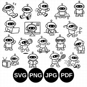 Cute Robot SVG Bundle, 36 Minimalist Robot Action Poses Line Art for Cricut, Robot Clipart, Robot Daily Activities Laser Cut Files SVG