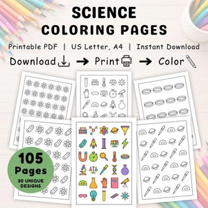 Könnte beinhalten: Eine Sammlung von Wissenschafts-Malvorlagen mit 105 Seiten und 30 einzigartigen Motiven. Das druckbare PDF enthält schwarz-weiße Strichzeichnungen von Atomen, Laborgeräten und Planeten, wobei eine Seite farbige Beispiele der Symbole zeigt.