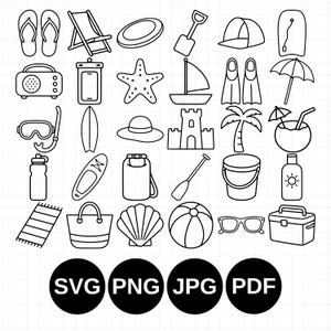 ビーチ必需品アイコンSVGバンドル - Cricut、レーザーカット、塗り絵用の白黒線画ビーチシンボル30個 | ビーチクリップアート要素