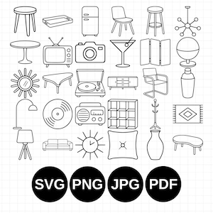 Può includere: Una collezione di icone in bianco e nero che raffigurano vari mobili e articoli per la casa, tra cui sedie, tavoli, lampade, un televisore, una fotocamera, un giradischi e un tappeto, con le etichette SVG, PNG, JPG e PDF in basso.