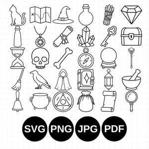 May include: A collection of black and white line art icons featuring a cat, map, witch hat, potion bottle, bundle of herbs, diamond, necklace, scroll, crystals, key, chest, hourglass, skull, bone, compass, crystal ball, staff, broom, raven, cloak, book, lantern, mortar and pestle, bell, cauldron, symbol, pouch, and magnifying glass, with SVG, PNG, JPG, and PDF text labels.