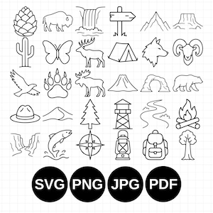 May include: A collection of thirty black and white line art icons featuring nature, wildlife, and outdoor adventure themes, including a pinecone, bison, waterfall, mountains, cactus, butterfly, deer, tent, wolf, ram, eagle, bear, and a compass.