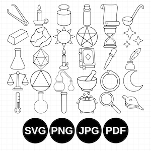 Puede incluir: Una colección de iconos de arte lineal en blanco y negro con símbolos alquímicos y científicos, incluyendo una vela, pentagrama, reloj de arena, mortero, caldero y varios recipientes de vidrio. El texto SVG, PNG, JPG y PDF aparece abajo.