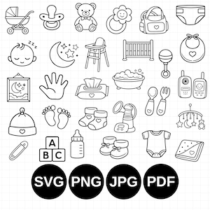 May include: A collection of black and white line art icons featuring baby-related items such as a stroller, pacifier, teddy bear, crib, baby bottle, onesie, and blocks. At the bottom, four black circles contain the text SVG, PNG, JPG, and PDF.