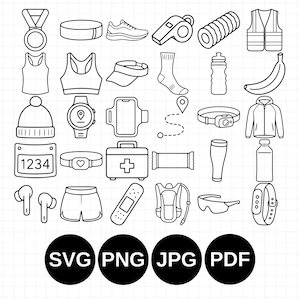 May include: A collection of black and white line art icons representing fitness and running gear, including a medal, sneakers, whistle, water bottle, banana, smartwatch, race bib with number 1234, first aid kit, and four black circles labeled SVG, PNG, JPG, and PDF.