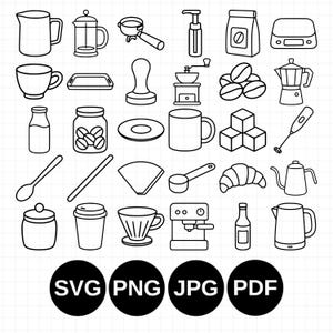 Könnte beinhalten: Eine Sammlung von schwarz-weißen Strichzeichnungen mit kaffeebezogenen Symbolen wie French Press, Espressomaschine, Kaffeebohnen, Tassen, Wasserkocher, Croissant und Zuckerwürfeln, sowie den Dateiformaten SVG, PNG, JPG und PDF am unteren Rand.