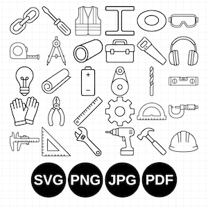 May include: A collection of black and white line art icons representing construction and engineering tools, including a chain, screwdriver, safety vest, beam, goggles, tape measure, compass, pipe, toolbox, saw, earmuffs, lightbulb, battery, gear, and drill.