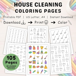 May include: House cleaning coloring pages featuring 105 pages and 30 unique designs. The printable PDF includes black and white line art of cleaning supplies like mops, buckets, and spray bottles. Text reads: House Cleaning Coloring Pages.