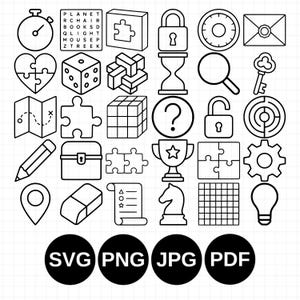 Pacote com 30 ícones SVG para amantes de quebra-cabeças – Clipart de símbolos de quebra-cabeça para Cricut, corte a laser e colorir | Elementos de quebra-cabeça em preto e branco com arte linear