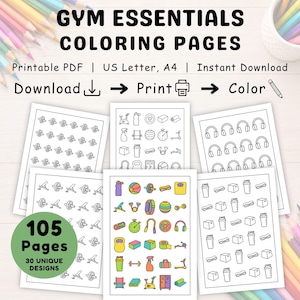 May include: Gym Essentials Colouring Pages featuring 105 pages and 30 unique designs. The printable PDF includes black and white line art of fitness equipment like dumbbells, headphones, and water bottles, with one page showing coloured examples.