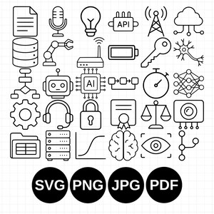 30 AI Essentials Icons SVG Bundle for Cricut, Laser Cut & Coloring — Black and White AI Line Art Symbols, Clipart Elements and Graphics Data
