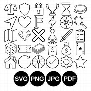 Peut inclure: Une collection d'icônes en noir et blanc représentant des symboles tels qu'une balance, un bouclier, un cadenas, un trophée, un sablier, une pièce, un cœur, un drapeau, un éclair, une boussole, une loupe, une carte, un diamant, un pion et une épée.