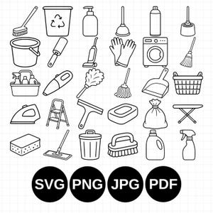 Pode incluir: Uma coleção de ícones em preto e branco representando vários artigos de limpeza doméstica, incluindo um balde, vassoura, esfregona, aspirador, ferro, cesto de roupa e lixeira, com os formatos de arquivo SVG, PNG, JPG e PDF na parte inferior.
