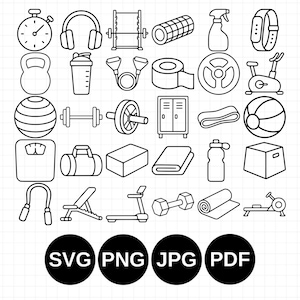 Può includere: Una collezione di icone in bianco e nero che rappresentano varie attrezzature da palestra e fitness, tra cui un cronometro, cuffie, pesi, tappetino da yoga, tapis roulant e borraccia, con le etichette dei formati SVG, PNG, JPG e PDF in basso.