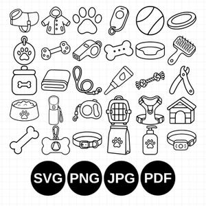 Peut inclure: Une collection d'icônes en noir et blanc représentant des accessoires pour animaux, incluant un harnais, un imperméable, une patte, un sifflet, une balle, un frisbee, une gamelle, une laisse, une brosse, une cage, une niche et un collier.