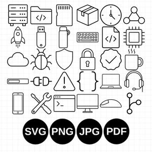 May include: A collection of thirty black line art icons representing technology and computing, including a server, folder, SD card, box, clock, rocket, USB, keyboard, chip, cloud, bug, shield, lock, mug, laptop, headset, phone, and tools, with SVG, PNG, JPG, and PDF text.