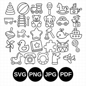 May include: A collection of black and white line art icons depicting various children's toys including a stacking ring, ball, train, rattle, rocking horse, music box, wagon, xylophone, teddy bear, elephant, car, jack-in-the-box, top, dog, star, hammer, whale, boat, pinwheel, duck, book, puzzle piece, drum, telephone, ring toy, puppet, and aeroplane, with SVG, PNG, JPG, and PDF text labels at the bottom.