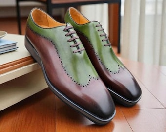 Handmade Two-Tone Leather Oxford Brogue Shoes: Men's Formal Whole Cut