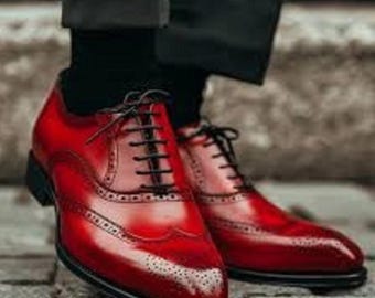 Handmade Red Leather Oxford Brogue Shoes: Men's Formal Wingtip