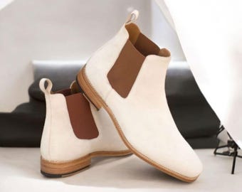 Handmade Off White Suede Leather Chelsea Boots: Men's Formal Ankle Elastic Jumper Boot