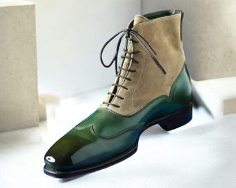 Handmade Two Tone Green Leather & Beige Suede Lace-Up Boots: Men's Oxford Ankle Long Boot