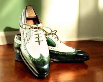 Handmade Two-Tone Leather Oxford Brogue Shoes: Men's Formal Whole Cut