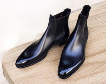 Handmade Bespoke Leather Chelsea Boots: Men's Black Ankle Long Boot