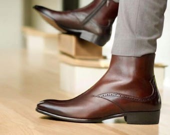 Handmade Brown Leather Chelsea Boots: Men's Bespoke Ankle Zip Boot