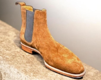 Handmade Bespoke Tan Suede & Leather Chelsea Boots: Men's Side Elastic Ankle Long Boot