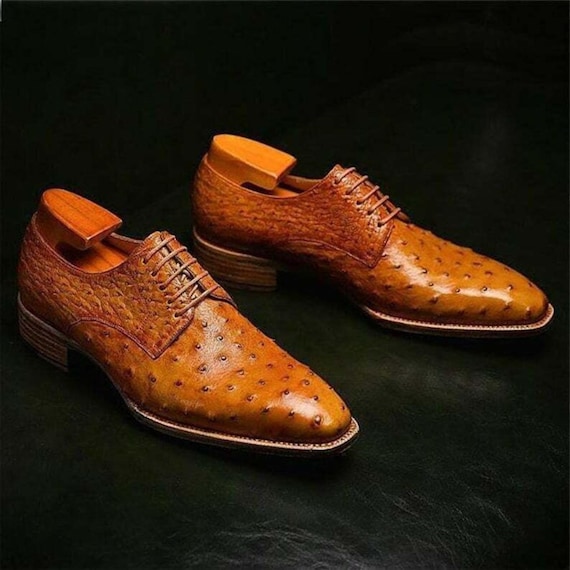 Handmade Mustard Ostrich Leather Oxford Shoes:  Lace Up Derby Dress Shoes