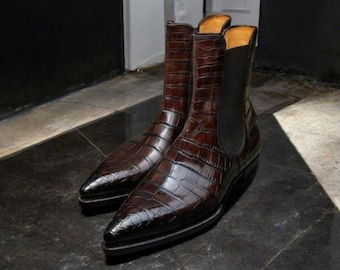 Handmade Brown Crocodile Leather Chelsea Boots: Men's Formal Ankle Elastic Jumper Boot