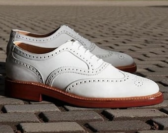 Handmade White Leather Oxford Brogue Shoes: Men's Formal Wingtip