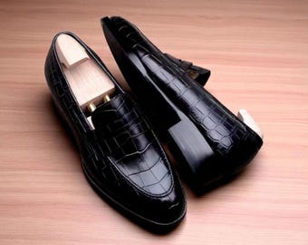 Handmade Black Texture Leather Oxford Penny Loafer Shoes: Men's Formal Moccasin