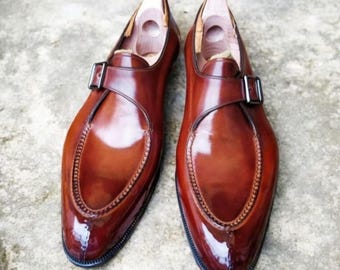 Handmade Brown Shaded Leather Oxford Monk Strap Dress Shoes