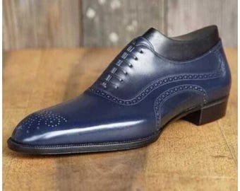 Handmade Blue Leather Oxford Brogue Shoes: Men's Formal Dress Shoes