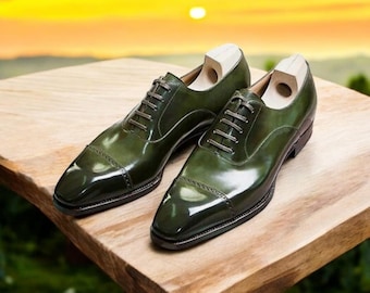 Handmade Green Leather Oxford Brogue Shoes: Men's Formal Cap Toe