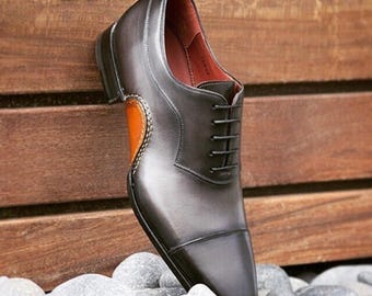Handmade Grey Leather Oxford Brogue Shoes: Men's Formal Cap-Toe