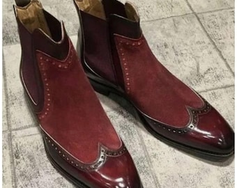 Handmade Maroon Leather & Suede Chelsea Boots: Men's Formal Ankle Elastic Jumper Boot