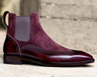 Handmade Bespoke Purple Suede & Leather Chelsea Boots: Men's Side Elastic Ankle Long Boot